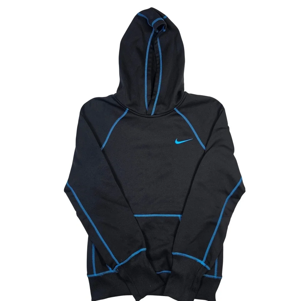 Nike Therma-FIT Hoodie Mens XS Black Blue Contrast Stitch Pullover Sweatshirt